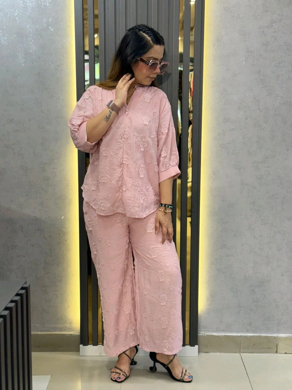 SKU 2221 Embroidered Co-ord Set with Floral Detailing - Pink, Free Size M To XL