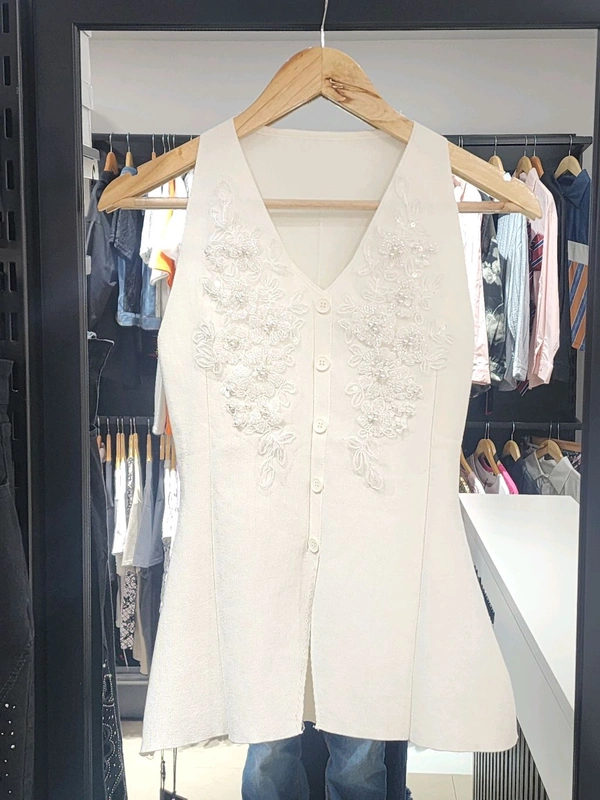 SKU 2018 Elegant Knitted Top With Sequence - Free Size XS To XL, Off White