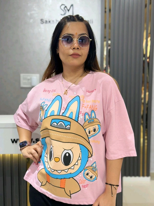 SKU 2142 Beautiful Tee With Labubu Detailing  - Free Size M To 4XL, Pink