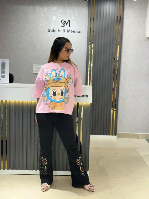 SKU 2142 Beautiful Tee With Labubu Detailing  - Free Size M To 4XL, Pink