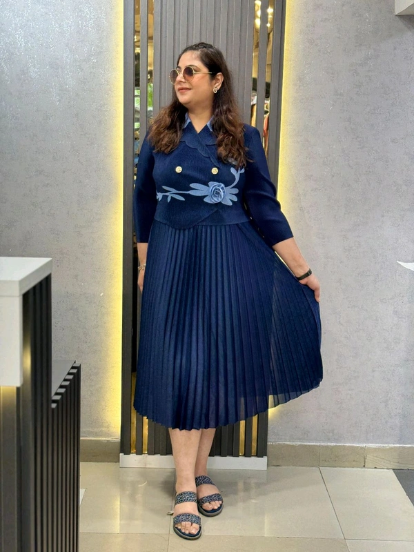 SKU 1650 Timeless Pleated Midi Dress for Effortless Style - Free Size M To 5xl, Blue