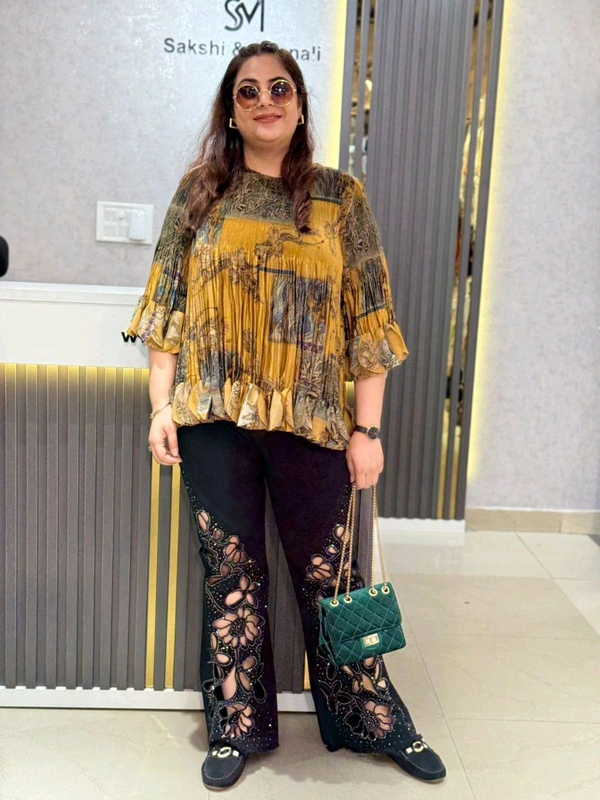 SKU 2236 Boho Glam Cutwork Pants with Artistic Pleated Top - Free Size M To 6xl, Mustard Yellow
