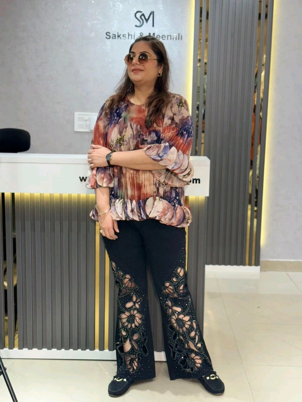 SKU 2236 Boho Glam Cutwork Pants with Artistic Pleated Top - Free Size M To 6xl, Brick Blue