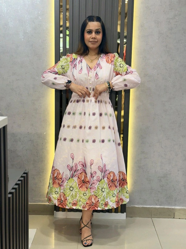 SKU 2224 Beautiful Floral Dress With Smokey Design  - Free Size M To XXL, Pink