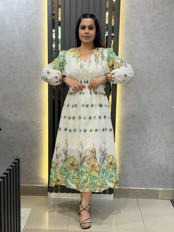 SKU 2224 Beautiful Floral Dress With Smokey Design  - Free Size M To XXL, Green