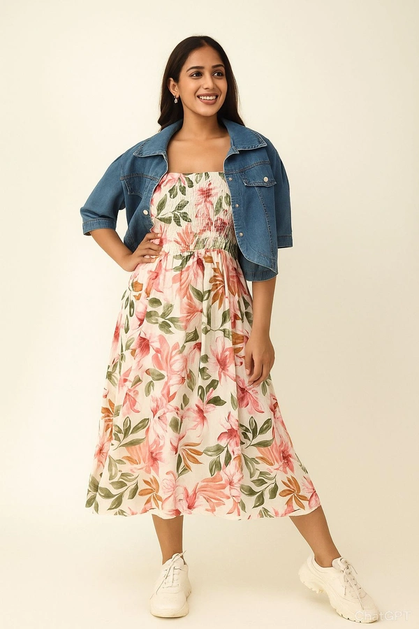SKU 2220 Beautiful Dress With Denim Jacket - Free Size M To XXL, Pink