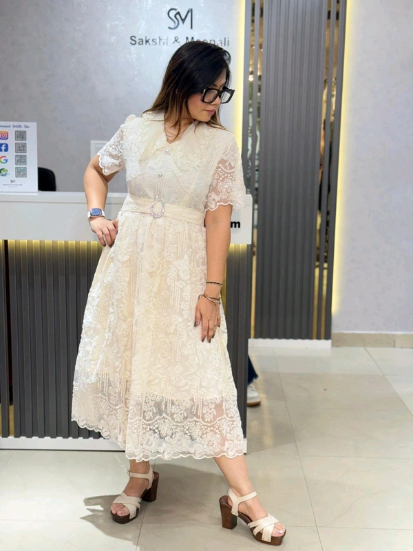 SKU 2003 Beautiful Dress With Pearl Detailing  - Free Size M To XL, Off white