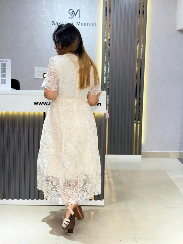 SKU 2003 Beautiful Dress With Pearl Detailing  - Free Size M To XL, Off white