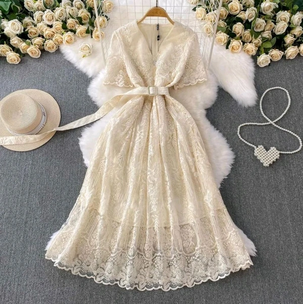 SKU 2003 Beautiful Dress With Pearl Detailing  - Free Size M To XL, Off white