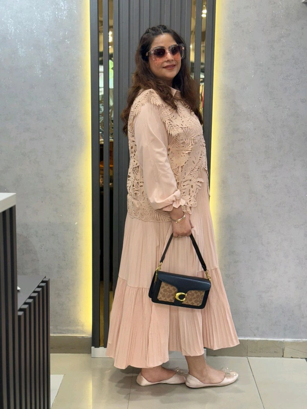 SKU 2225 Blush Elegance Pleated Dress with Lace Detailing - Blush Pink, Free Size L To XXXL