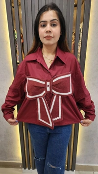 SKU 1513 Chic Button Down Shirt with Statement Bow & Geometric Accents