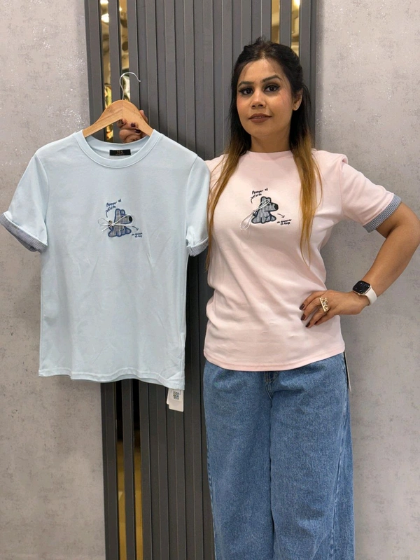 SKU 1736 Chic Pastel Tee with Embroidered Detail & Checkered Cuffs
