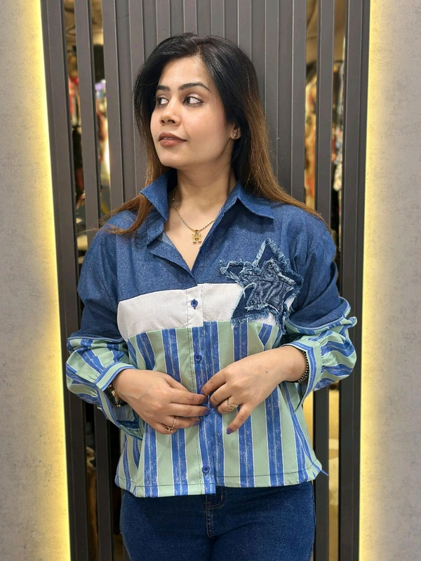 SKU 1513 Denim Fusion Striped Shirt – A Trendy Blend of Casual & Chic