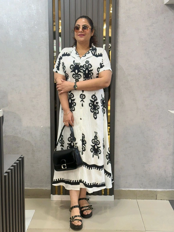 SKU 2244 Elegant Black & White Printed Shirt Dress – Chic & Comfortable