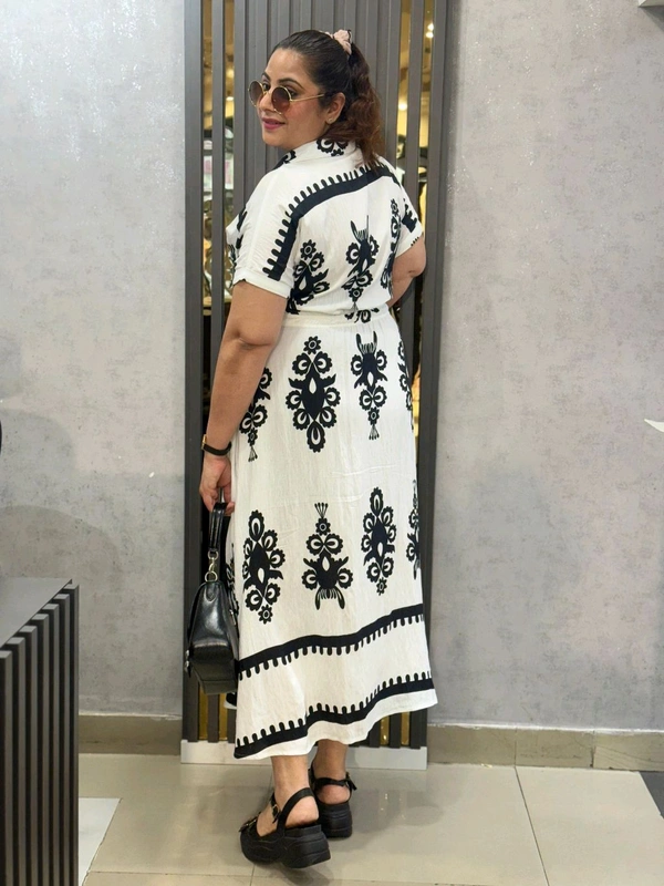 SKU 2244 Elegant Black & White Printed Shirt Dress – Chic & Comfortable