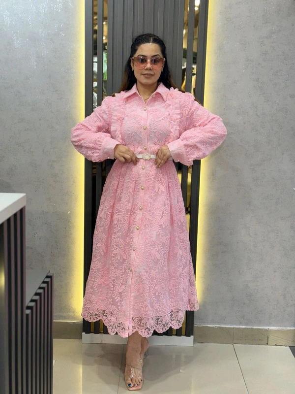 SKU 2245 Elegant Pink Lace Shirt Dress – Belted Button-Down Style