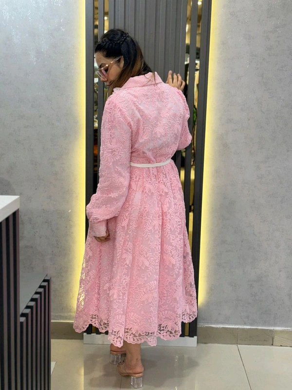 SKU 2245 Elegant Pink Lace Shirt Dress – Belted Button-Down Style