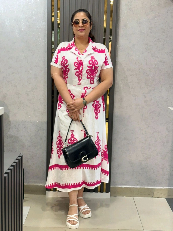 SKU 2244 Elegant Pink & White Printed Shirt Dress – Chic & Comfortable