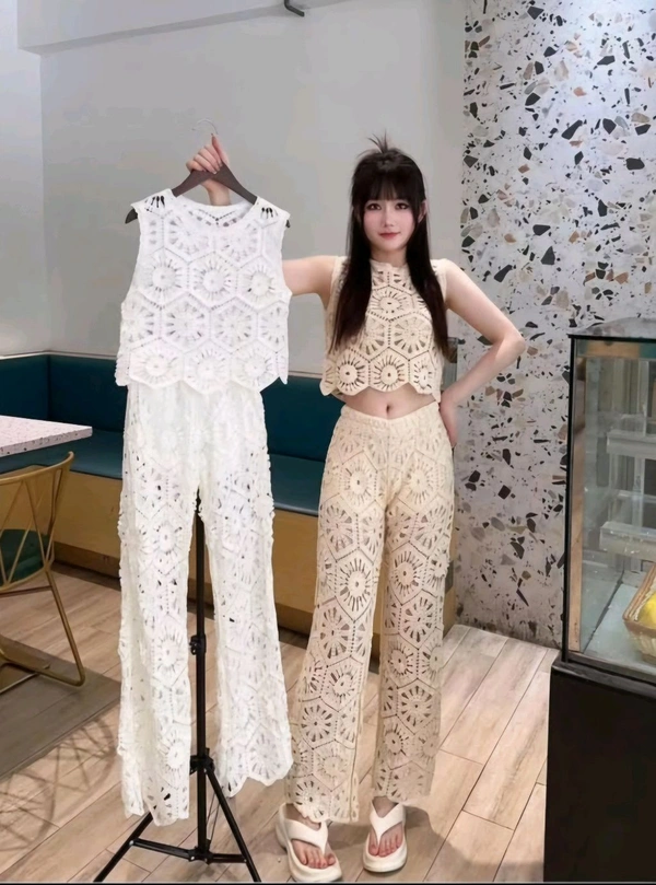 SKU 1600 Elegant White Crochet Co-ord Set – Chic, Breezy & Stylish
