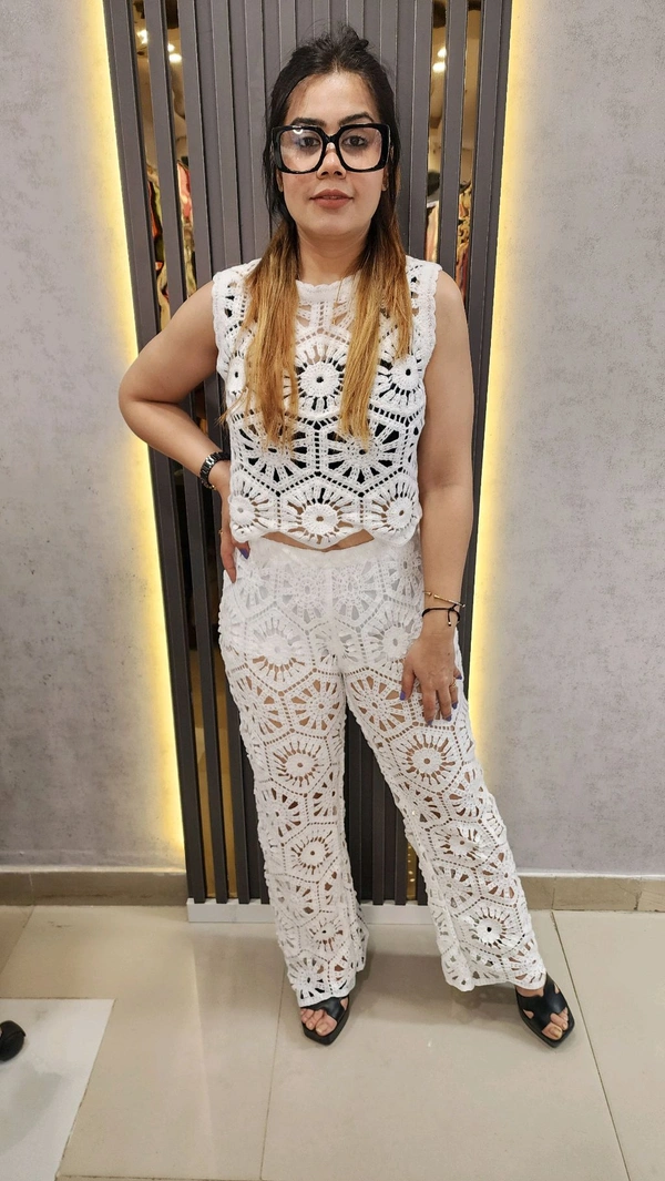 SKU 1600 Elegant White Crochet Co-ord Set – Chic, Breezy & Stylish