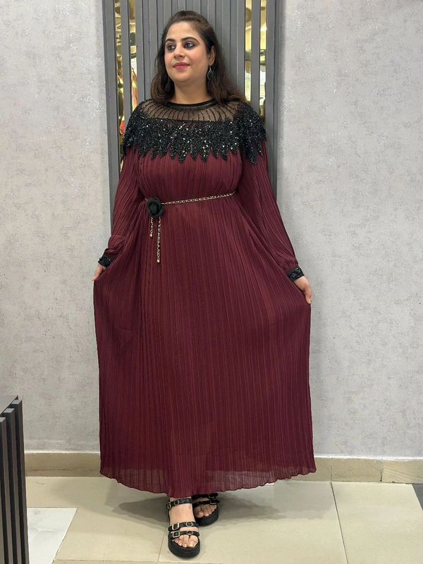 SKU 1649 Graceful Pleated Gown with Luxe Black Beaded Accents