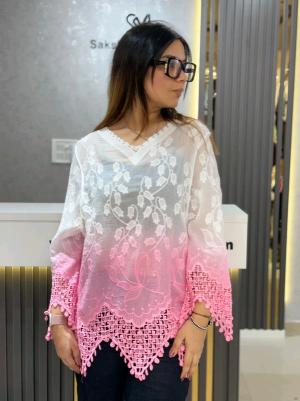 SKU 2137 Ombre Embroidered Elegance Top with Cutwork Detailing