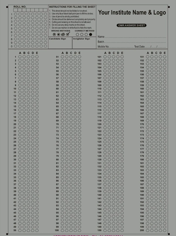 🔥🔥  OMR Sheet (200 Marks) 🔥🔥


▪️  A4 Size, Single Side Print, 50 Sheets


▪️  MRP. : 100/-, Selling : 50/- (Courier Free)