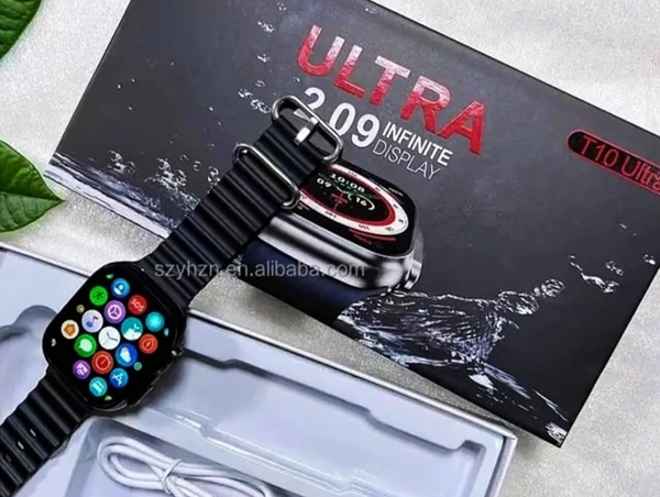 T10 Ultra Big 2.09" Big Screen Wireless ChargingHybrid Smart Watch Smartwatch - Black, Free Size