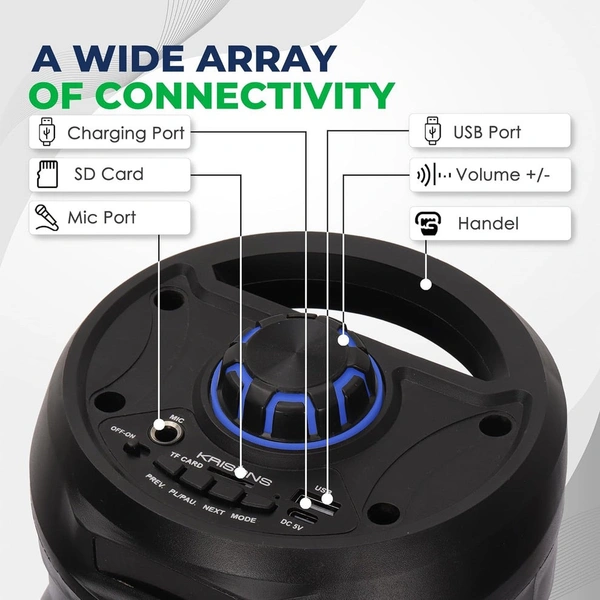 KRISONS Krisons Comet 40W Bluetooth Party Speaker | Dual 4" Woofers, Mic, RGB Lights, USB/SD/FM