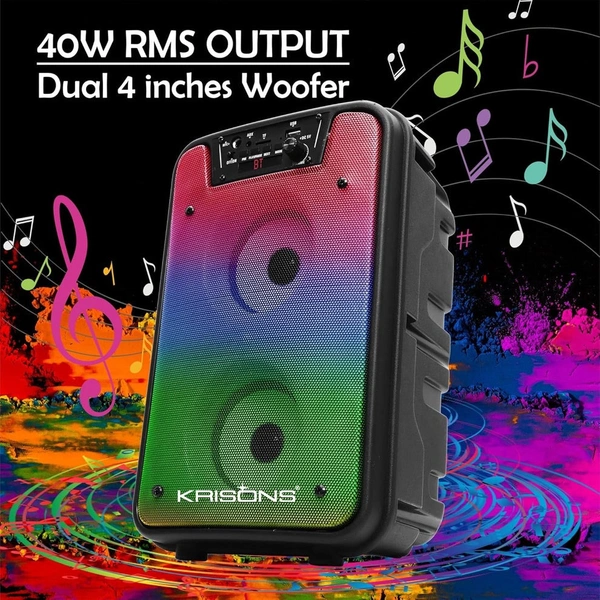 KRISONS Krisons Rainbow 40W Double Woofer Bluetooth Party Speaker with Mic, RGB Lights & TWS
