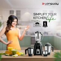 LONGWAY Longway Kratos 1000 Watt Juicer Mixer Grinder With 4 Jars For Grinding, Mixing, Juicing With Powerful Motor | 1 Year Warranty | (Black, 4 Jars)