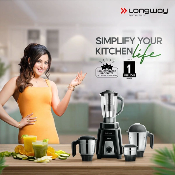 LONGWAY Longway Kratos 1000 Watt Juicer Mixer Grinder With 4 Jars For Grinding, Mixing, Juicing With Powerful Motor | 1 Year Warranty | (Black, 4 Jars)