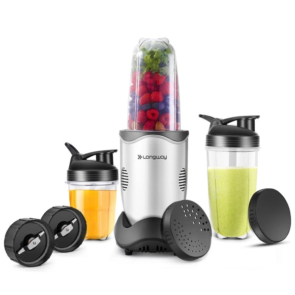 LONGWAY Longway Nutri Power 600 W Bullet Mixer Grinder & Smoothie Maker With Stainless Steel Blades & ABS Plastic Body | 22000 RPM | 3 Years Warranty (3 Jars, Silver)