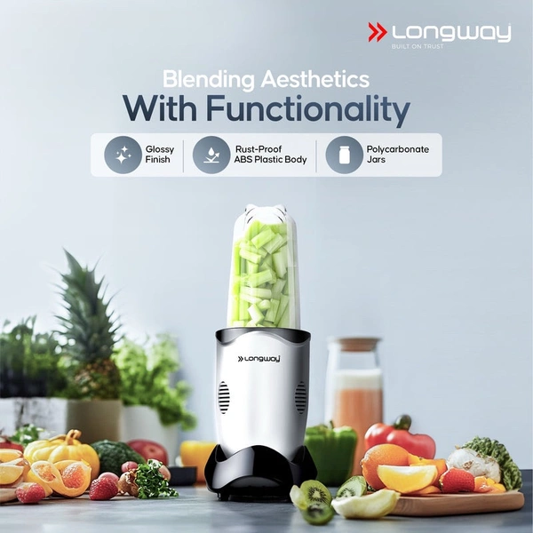 LONGWAY Longway Nutri Power 600 W Bullet Mixer Grinder & Smoothie Maker With Stainless Steel Blades & ABS Plastic Body | 22000 RPM | 3 Years Warranty (3 Jars, Silver)