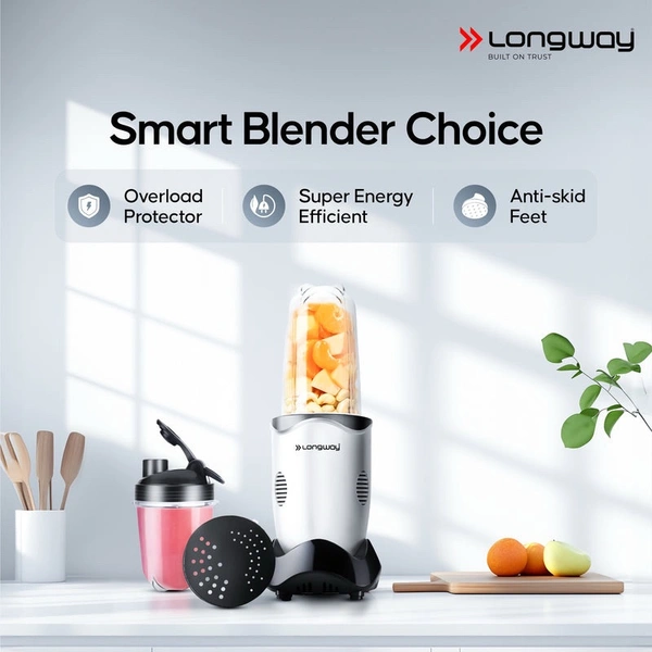 LONGWAY Longway Nutri Power 600 W Bullet Mixer Grinder & Smoothie Maker With Stainless Steel Blades & ABS Plastic Body | 22000 RPM | 3 Years Warranty (3 Jars, Silver)