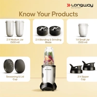 LONGWAY Longway Nutri Power 600 W Bullet Mixer Grinder & Smoothie Maker With Stainless Steel Blades & ABS Plastic Body | 22000 RPM | 3 Years Warranty (3 Jars, Silver)