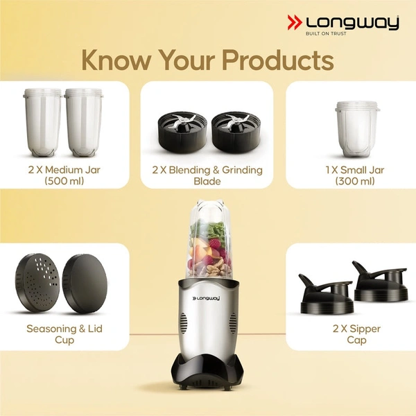LONGWAY Longway Nutri Power 600 W Bullet Mixer Grinder & Smoothie Maker With Stainless Steel Blades & ABS Plastic Body | 22000 RPM | 3 Years Warranty (3 Jars, Silver)