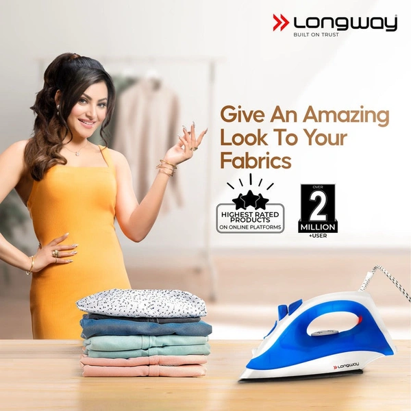 LONGWAY Longway Steamy Light Weight Non Stick Steam Iron, Powerful Steam Output Up To 18 G/Min (1400 Watt, Blue)