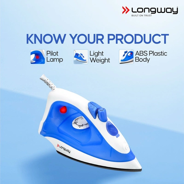 LONGWAY Longway Steamy Light Weight Non Stick Steam Iron, Powerful Steam Output Up To 18 G/Min (1400 Watt, Blue)