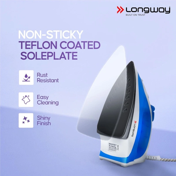LONGWAY Longway Steamy Light Weight Non Stick Steam Iron, Powerful Steam Output Up To 18 G/Min (1400 Watt, Blue)