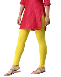Cotton Lycra Ankle Length Leggings  - L, Lemon Yellow