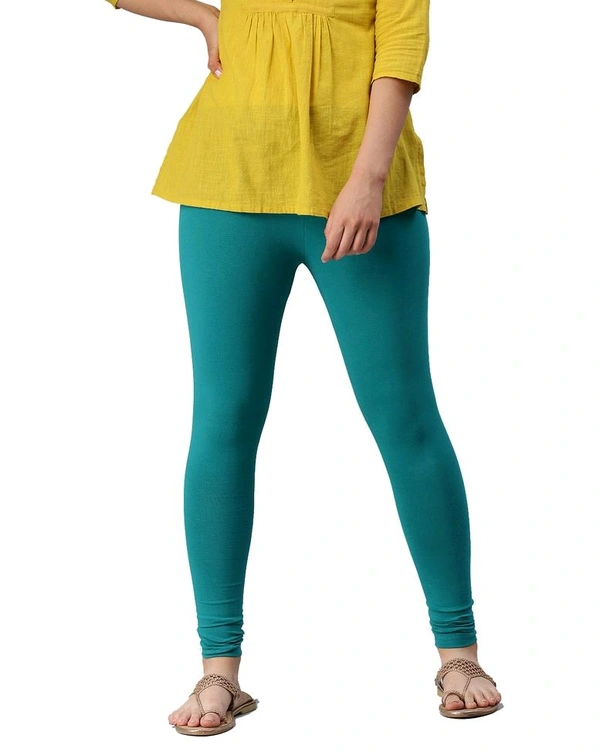 Cotton Lycra Ankle Length Leggings  - L, Sea Green