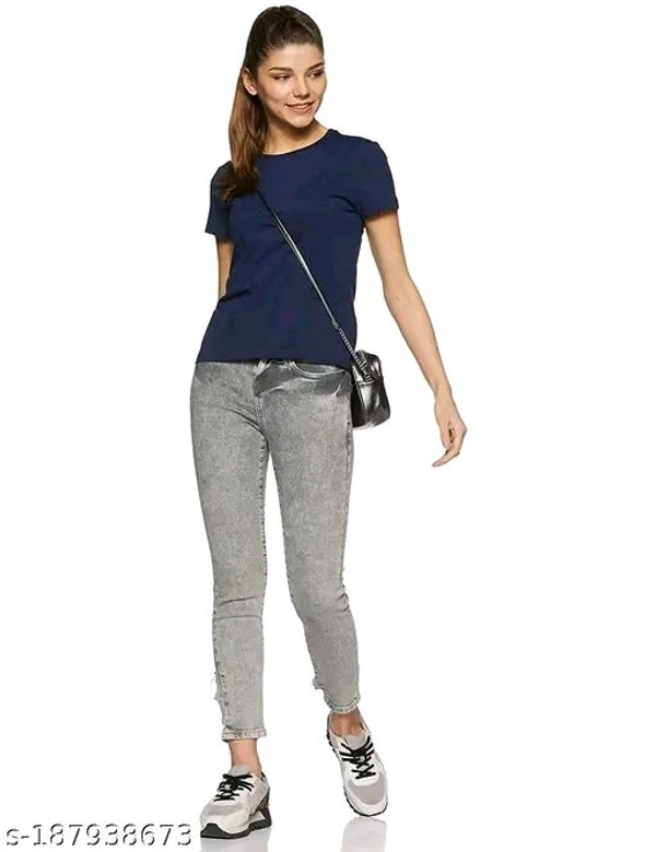 Womens Round Neck Tshirt Nevy blue  - L