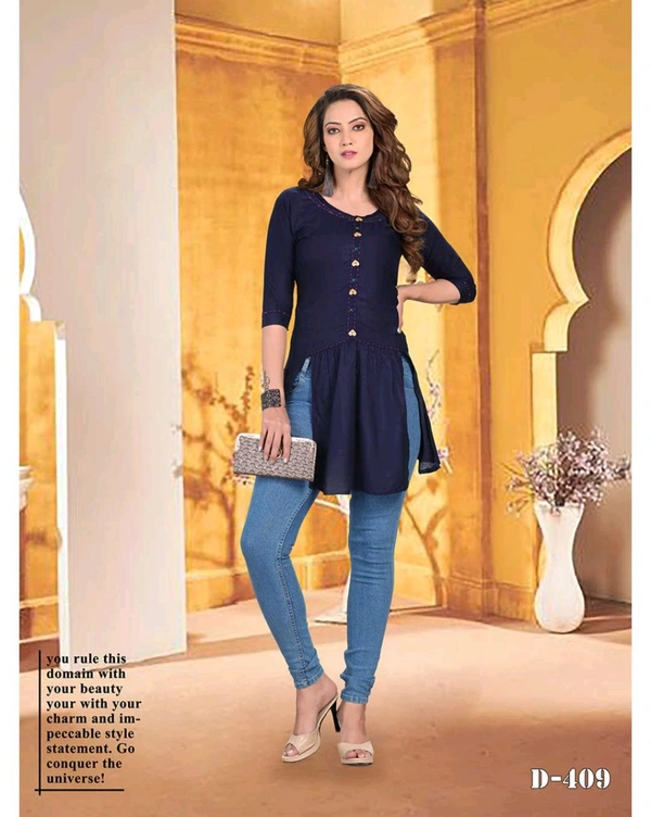 PRINAL  Women Top Rayon Embroidered Straight Kurta Nevyblue KURTI  - XL