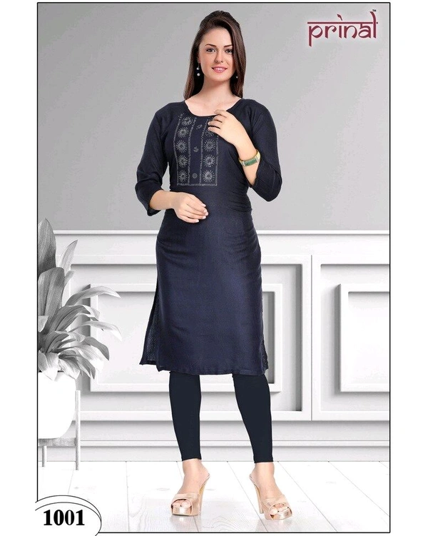 PRINAL Rayon Embellished Straight Kurta 101 cm Length Stylish Round Neck Half Sleeve Womens Kurtis NevyBlue (BX701001) - XXL