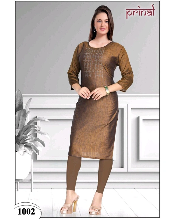 PRINAL  Rayon Embellished Straight Kurta 101 cm Length Stylish Round Neck Half Sleeve Womens Kurtis Light Coffee (BX701002) - XXL
