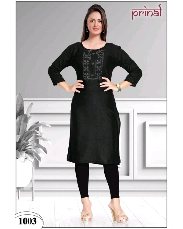 PRINAL Rayon Embellished Straight Kurta 101 cm Length Stylish Round Neck Half Sleeve Womens Kurtis Black (BX701003) - XXL