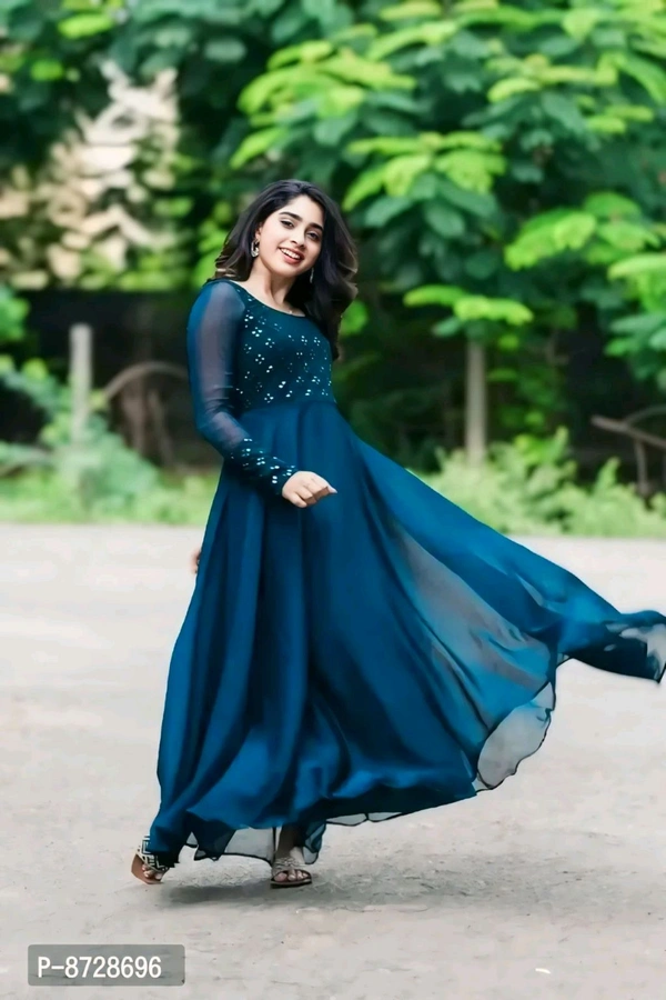 Blue Georgette Ethnic Gowns For Women - L, Teal Blue