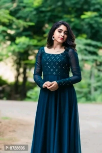Blue Georgette Ethnic Gowns For Women - L, Teal Blue