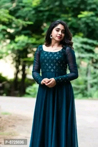 Blue Georgette Ethnic Gowns For Women - XXL, Teal Blue